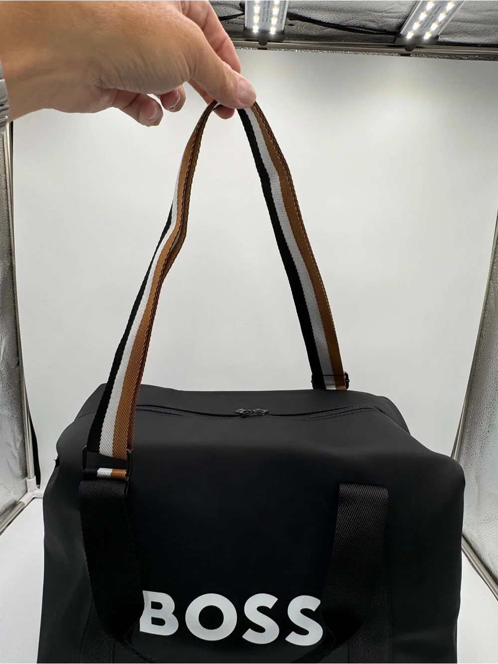 Hugo BOSS Parfums Black Weekender Duffel Travel Gym Bag Striped Handles Zip Tote